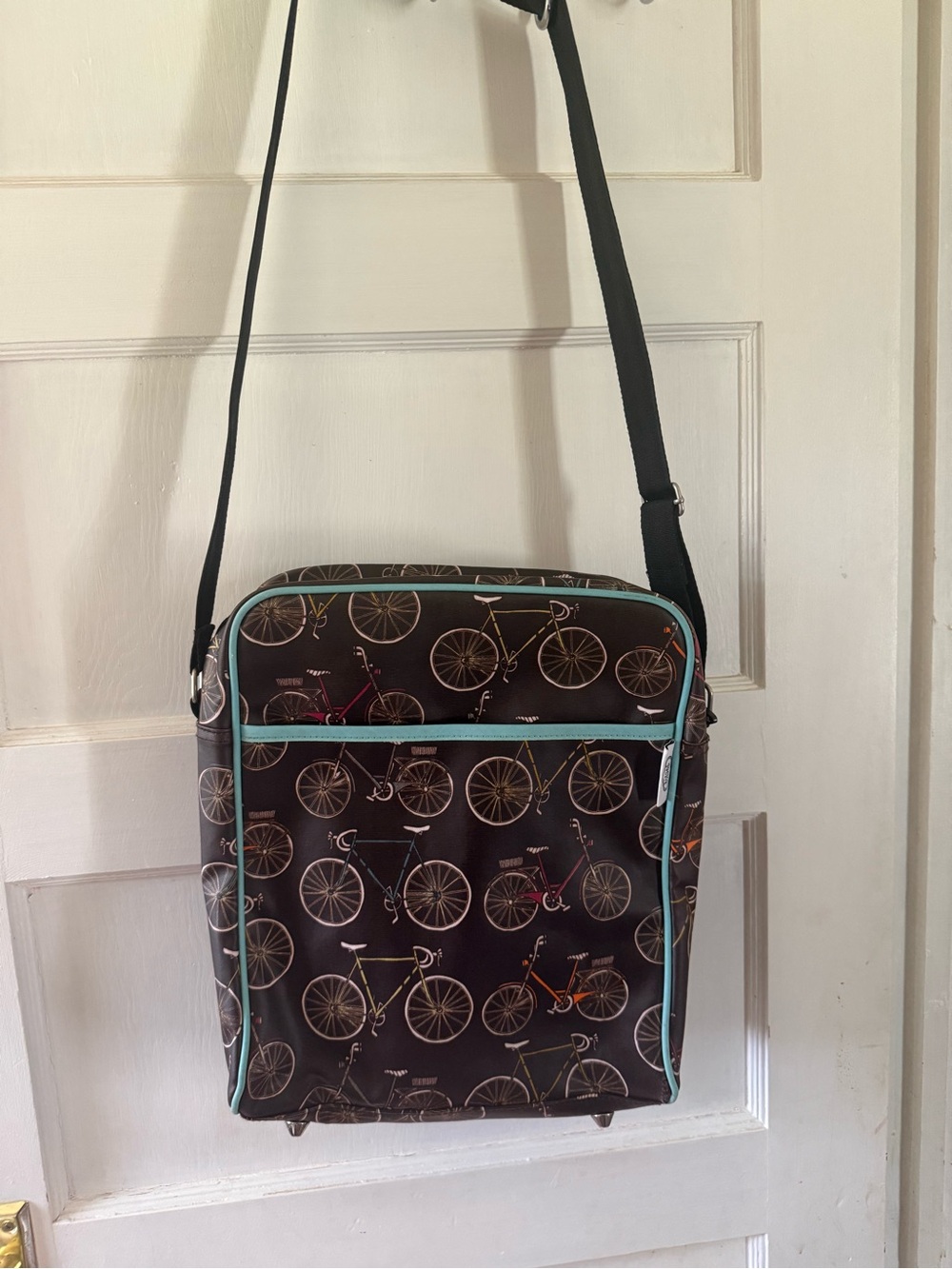 Danica Studio Bicycle-Print Crossbody Footed Shoulder Bag with Aqua Trim